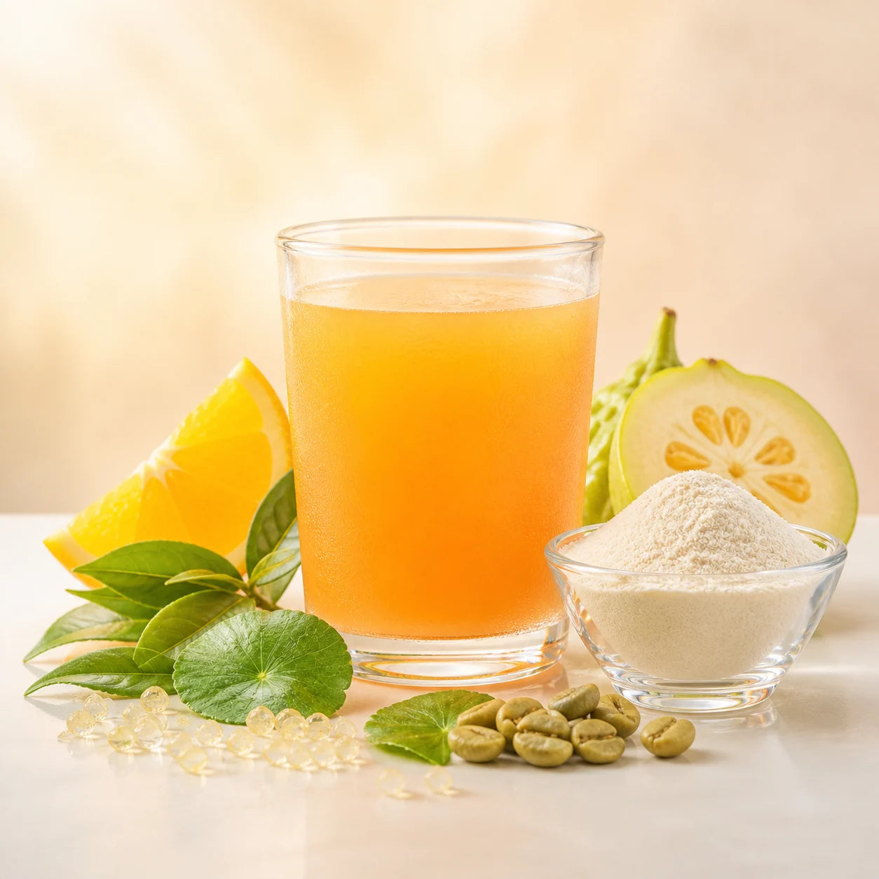Bebida sabor naranja, colágeno en polvo, té verde, café verde, garcinia y centella que representan la fórmula de Colágeno Body RITO