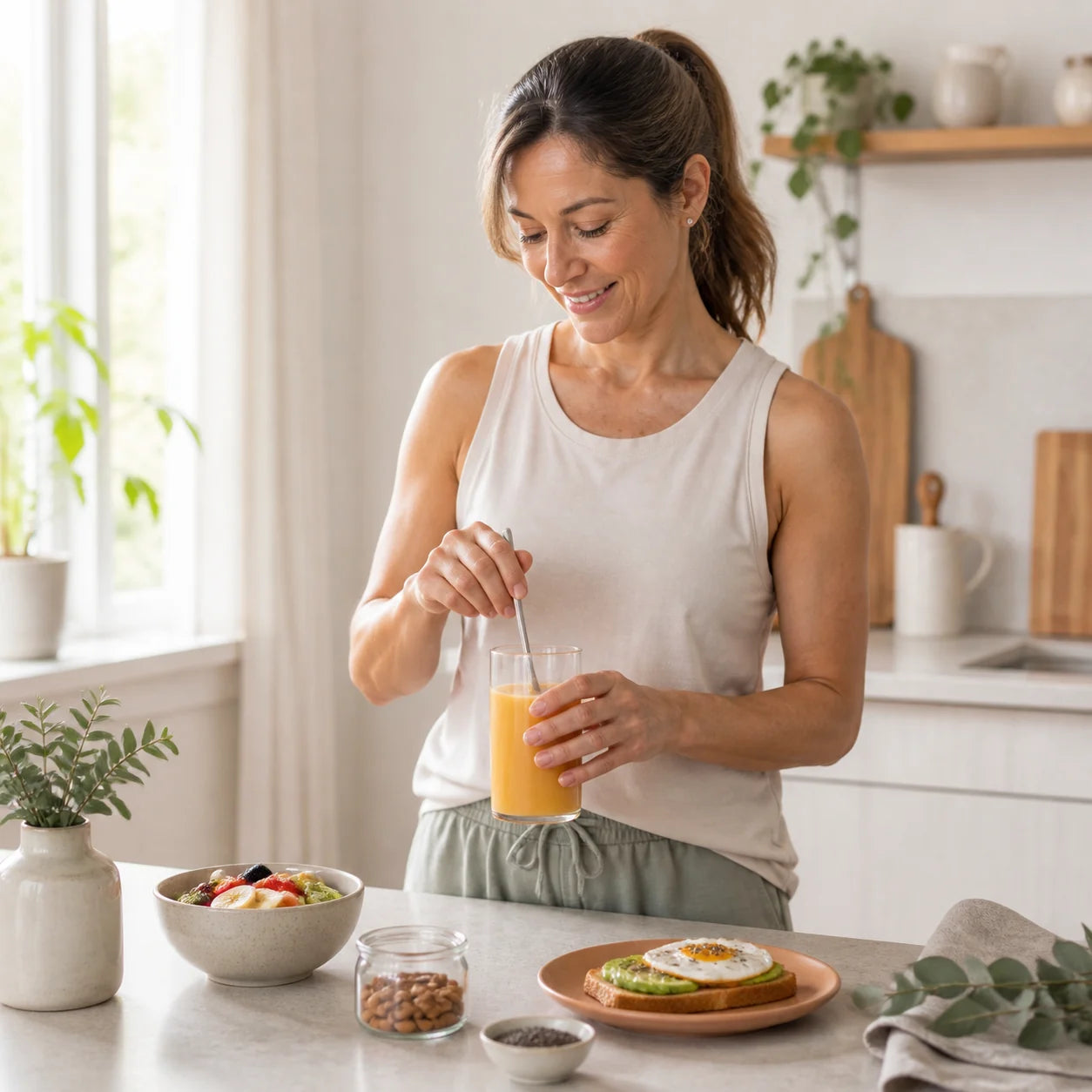 Mujer adulta preparando una bebida sabor naranja junto a un desayuno equilibrado
