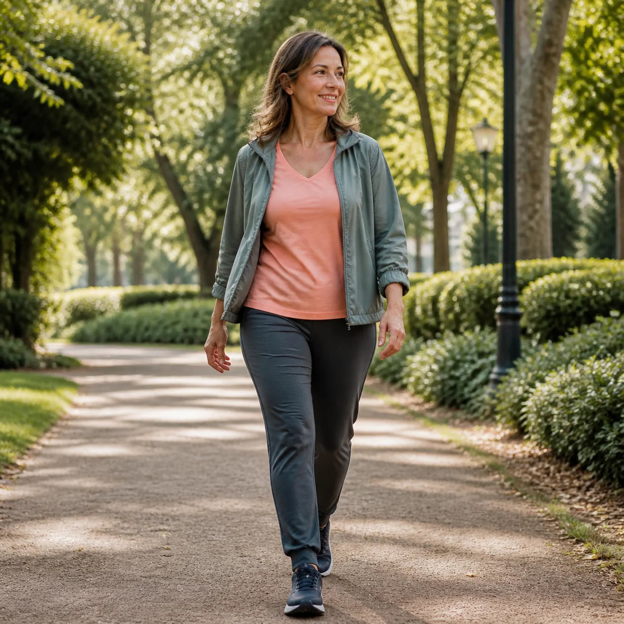 Mujer adulta caminando con comodidad por un parque durante la tarde