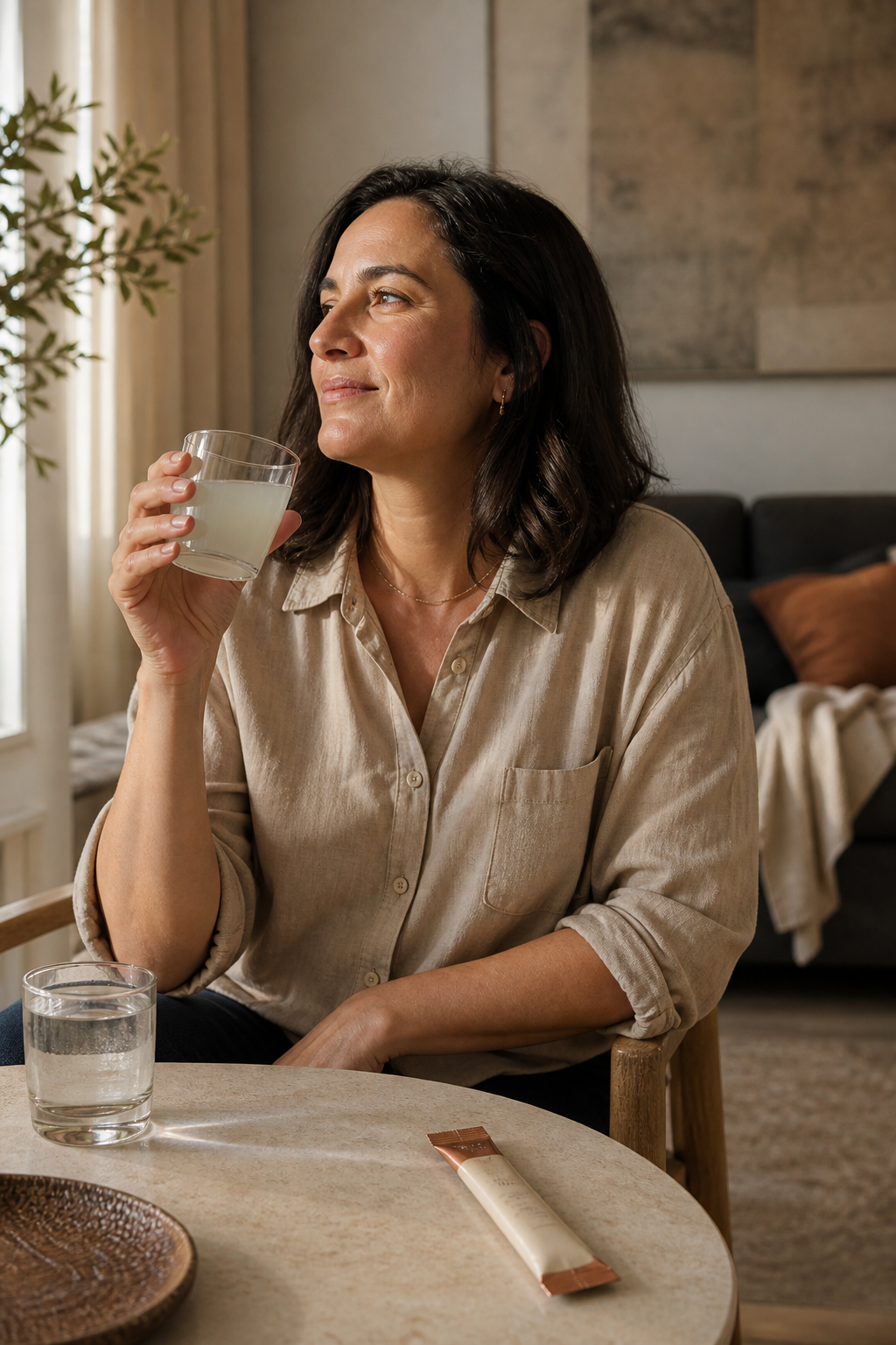 Mujer disfrutando su suplemento RITO como parte de una rutina cotidiana